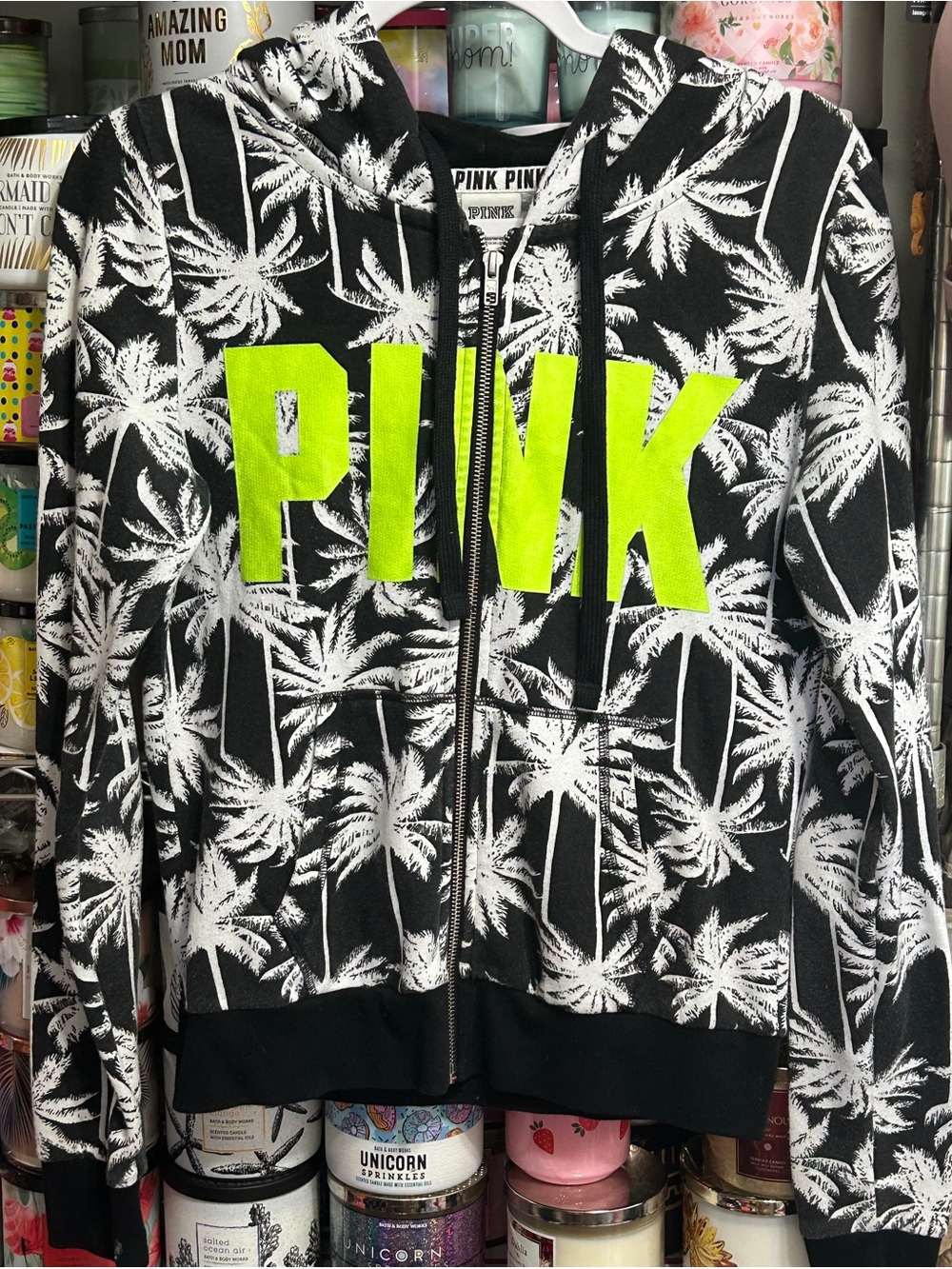 PINK Victoria's Secret Black & Neon Yellow Palm Zip Hoodie